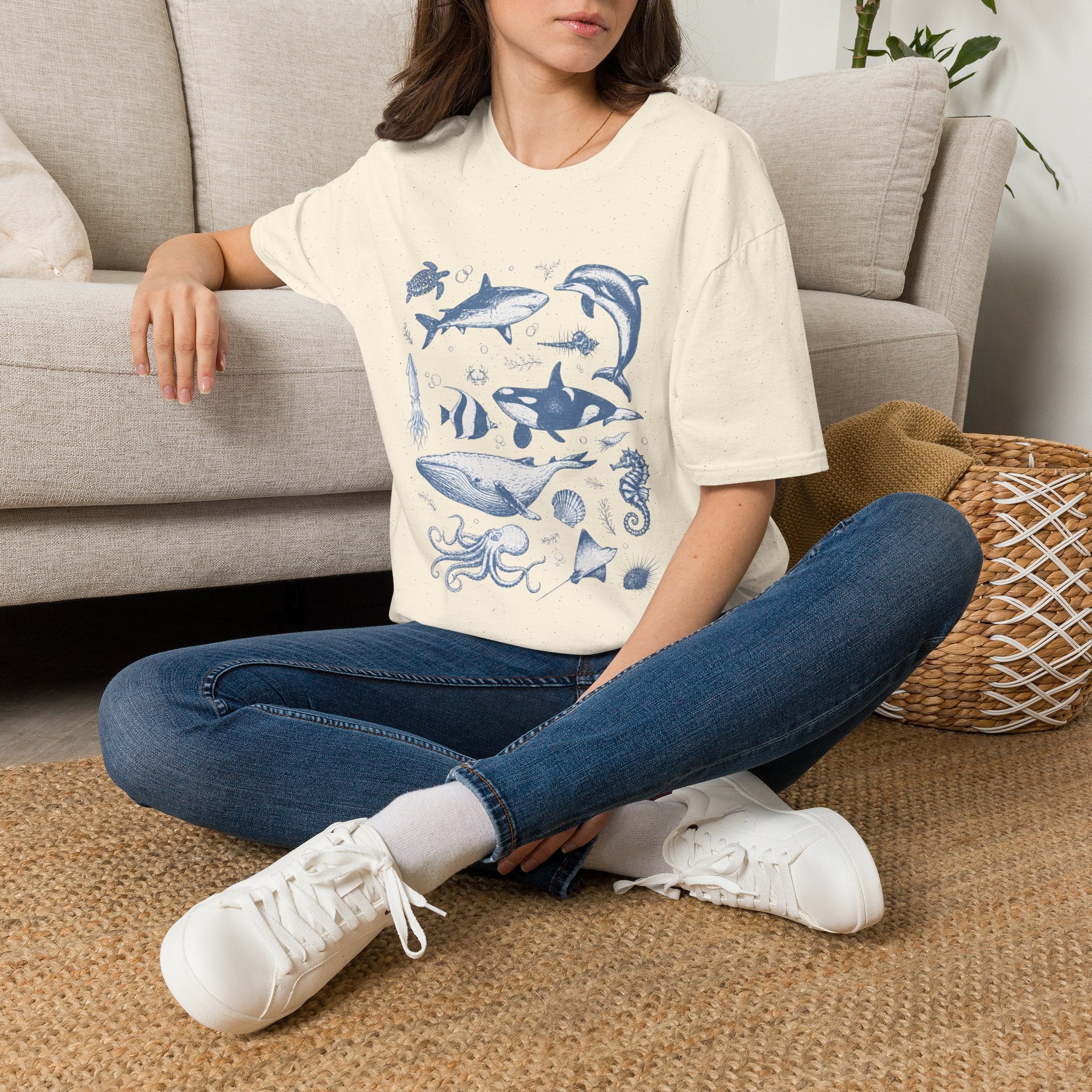 Ocean Life Tee — Vintage Marine Animals Shirt (Shark, Dolphin, Whale, Turtle)