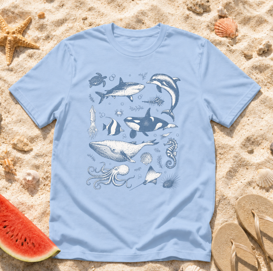 Ocean Life Tee — Vintage Marine Animals Shirt (Shark, Dolphin, Whale, Turtle)