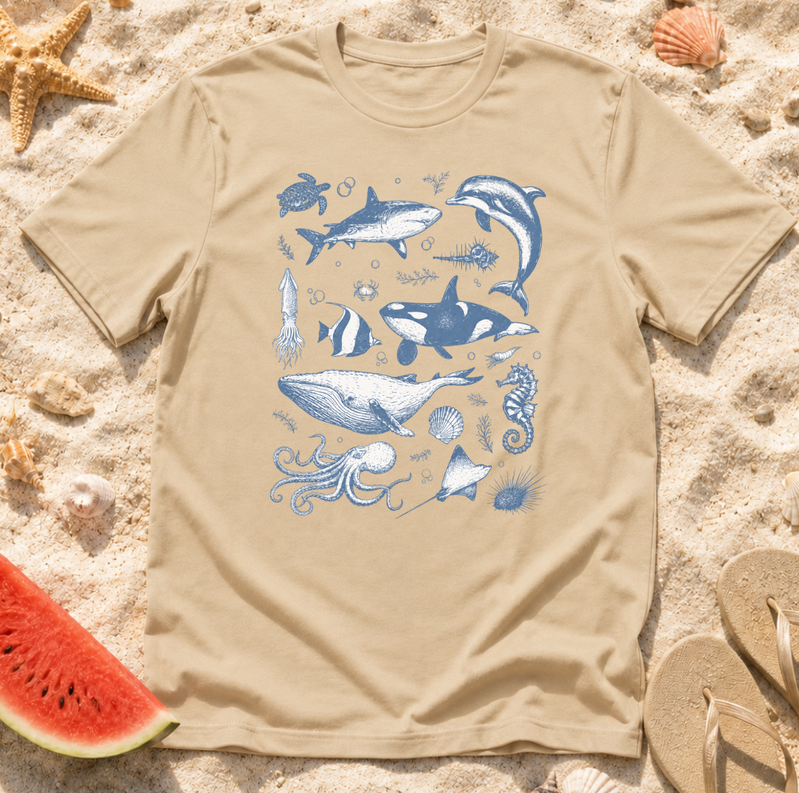 Ocean Life Tee — Vintage Marine Animals Shirt (Shark, Dolphin, Whale, Turtle)