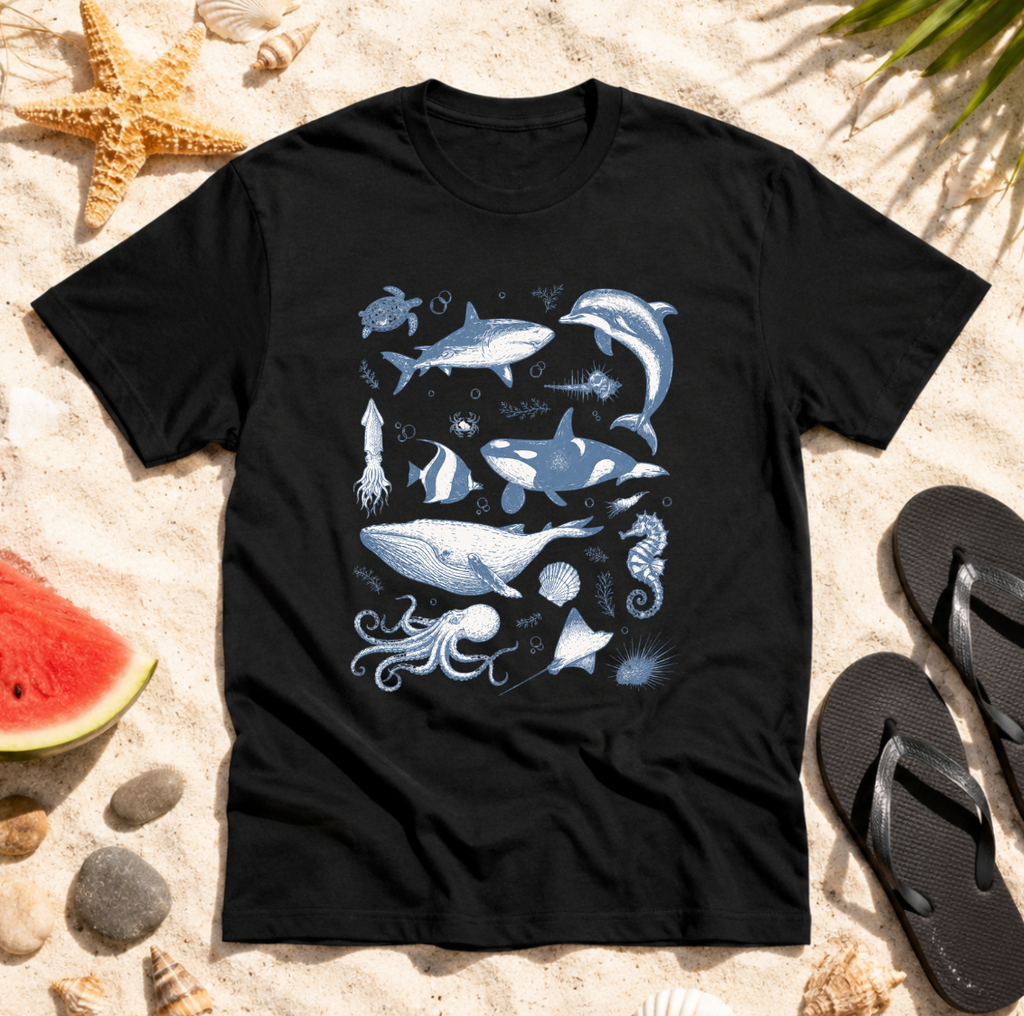 Ocean Life Tee — Vintage Marine Animals Shirt (Shark, Dolphin, Whale, Turtle)