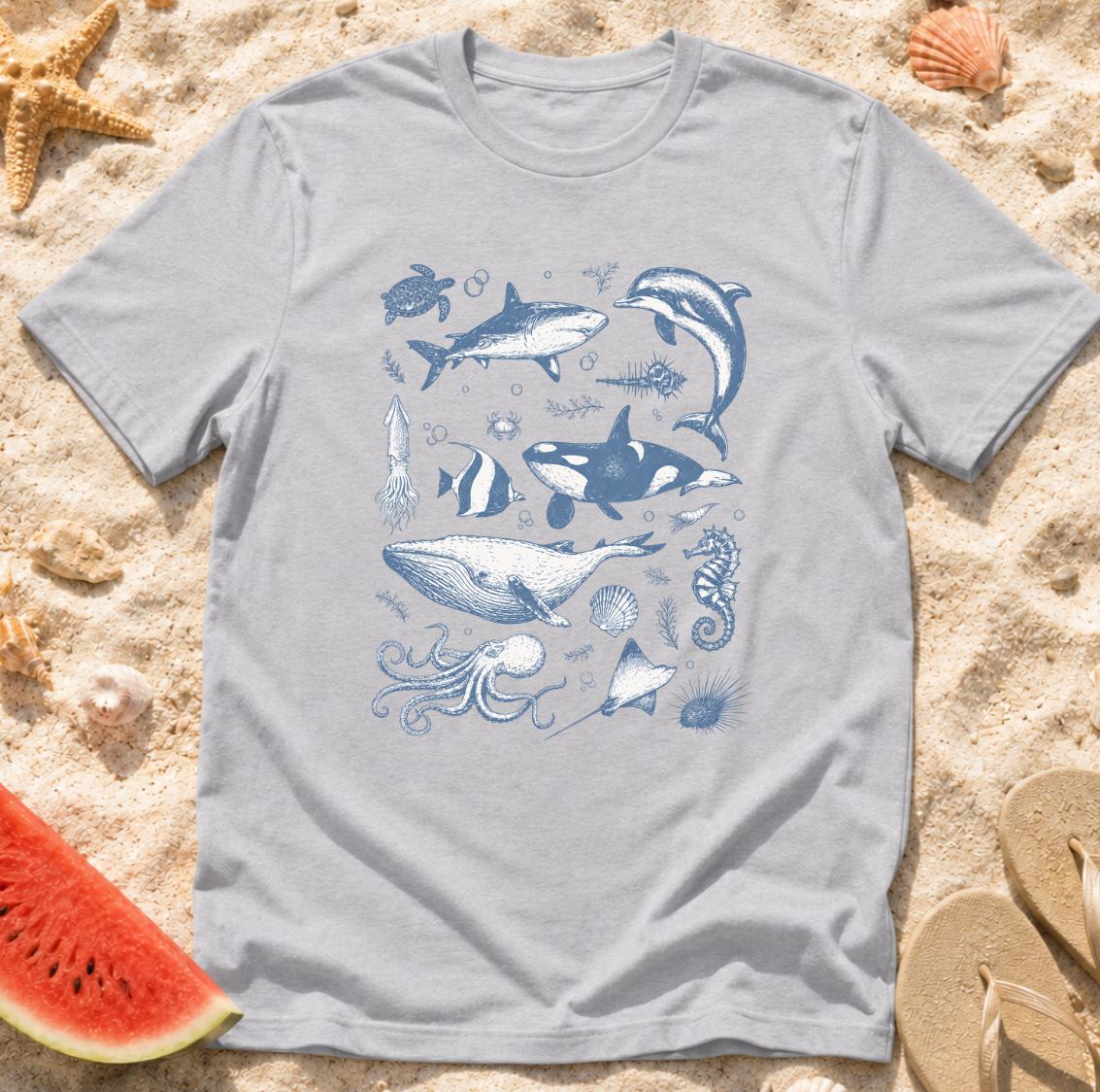 Ocean Life Tee — Vintage Marine Animals Shirt (Shark, Dolphin, Whale, Turtle)