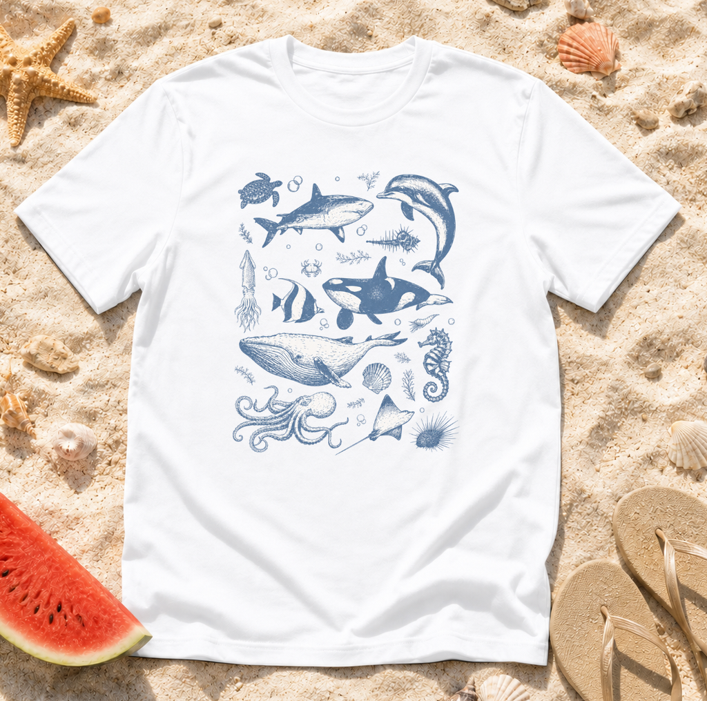Ocean Life Tee — Vintage Marine Animals Shirt (Shark, Dolphin, Whale, Turtle)
