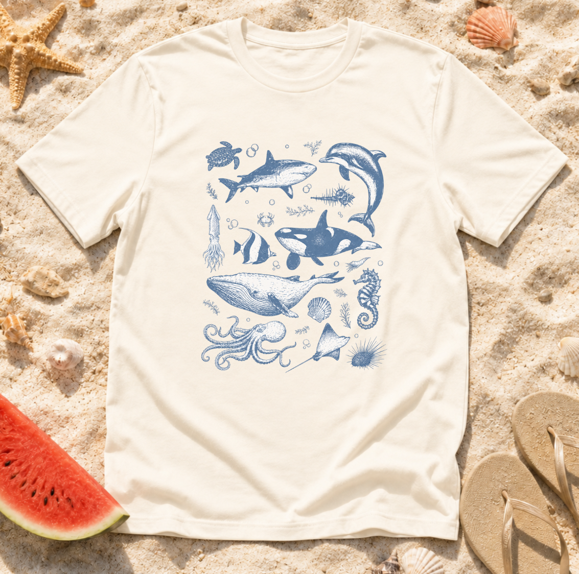Ocean Life Tee — Vintage Marine Animals Shirt (Shark, Dolphin, Whale, Turtle)