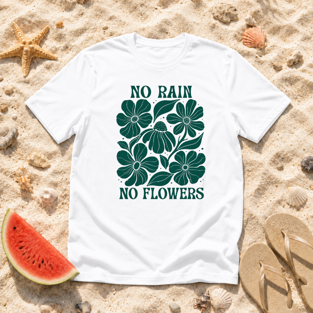 No Rain No Flowers Hand-Drawn Blooms T-Shirt
