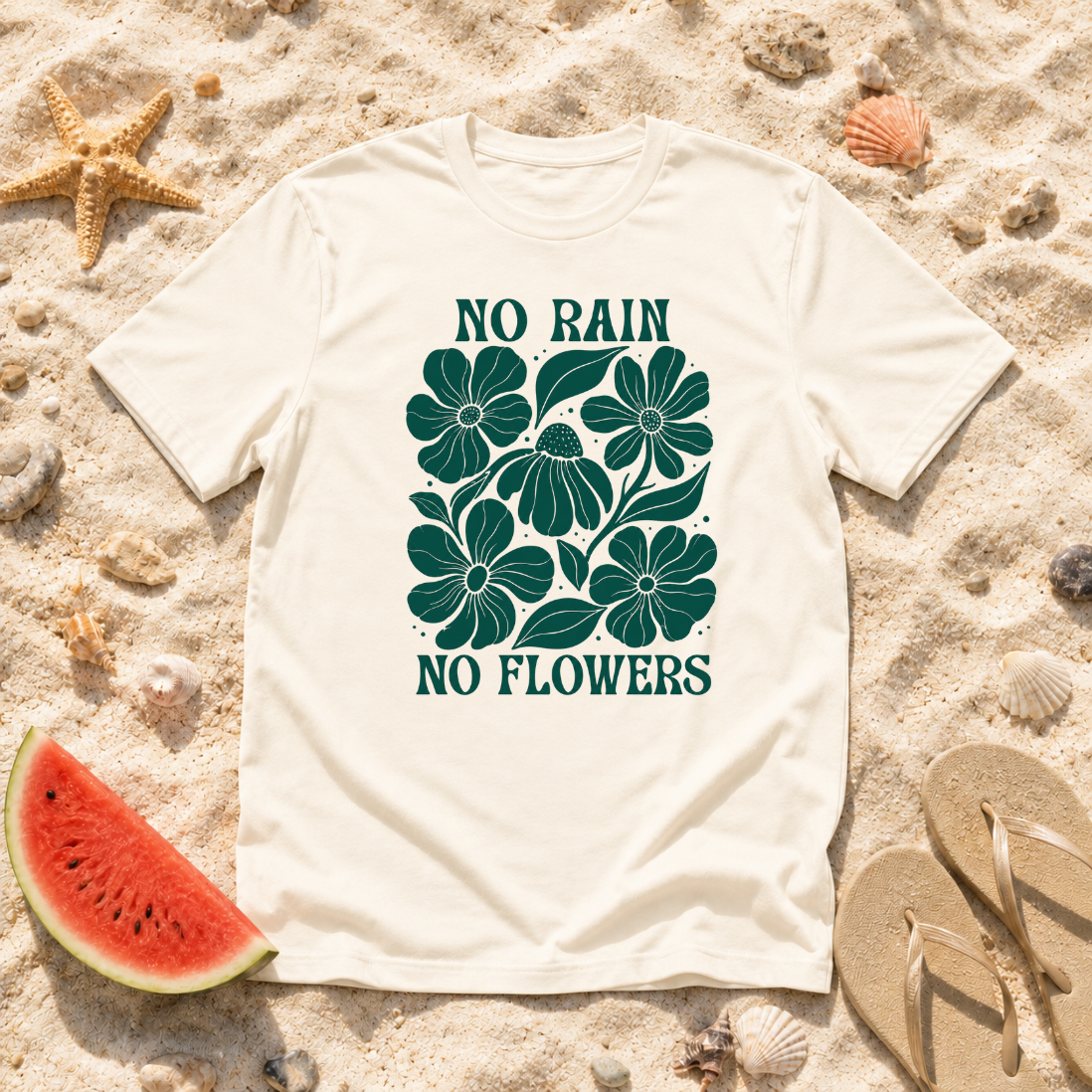 No Rain No Flowers Hand-Drawn Blooms T-Shirt