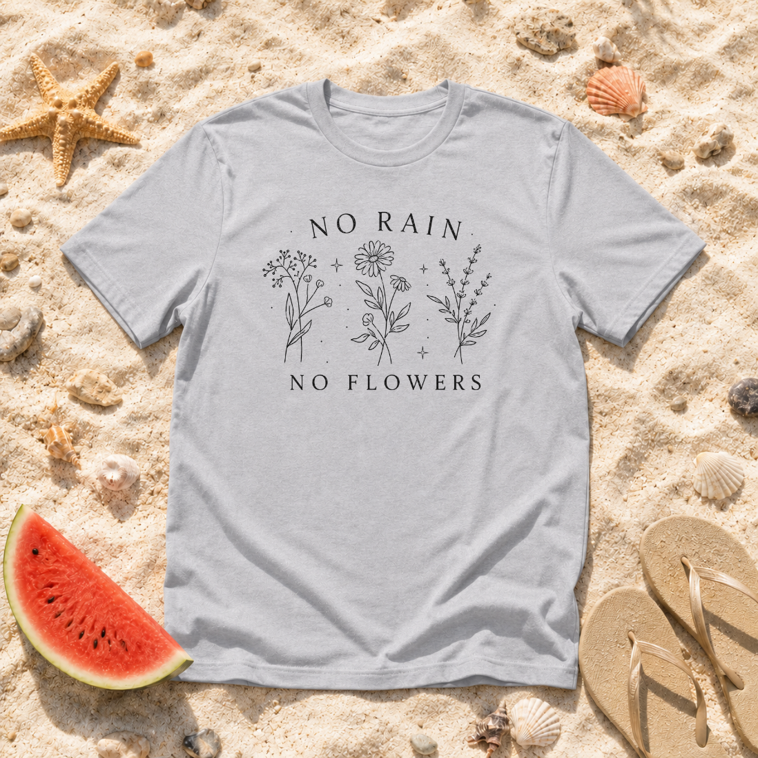 No Rain No Flowers Botanical Sketch T-Shirt