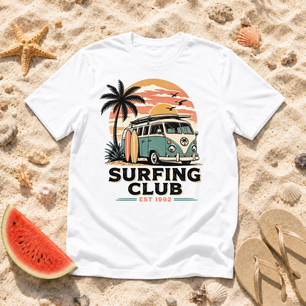 Surfing Club T-Shirt, Beach Vacation Retro Surf Tee, Coastal Vibes Shirt