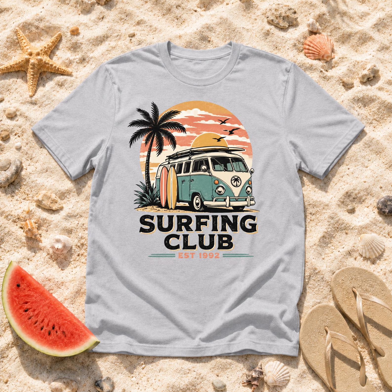 Surfing Club T-Shirt, Beach Vacation Retro Surf Tee, Coastal Vibes Shirt