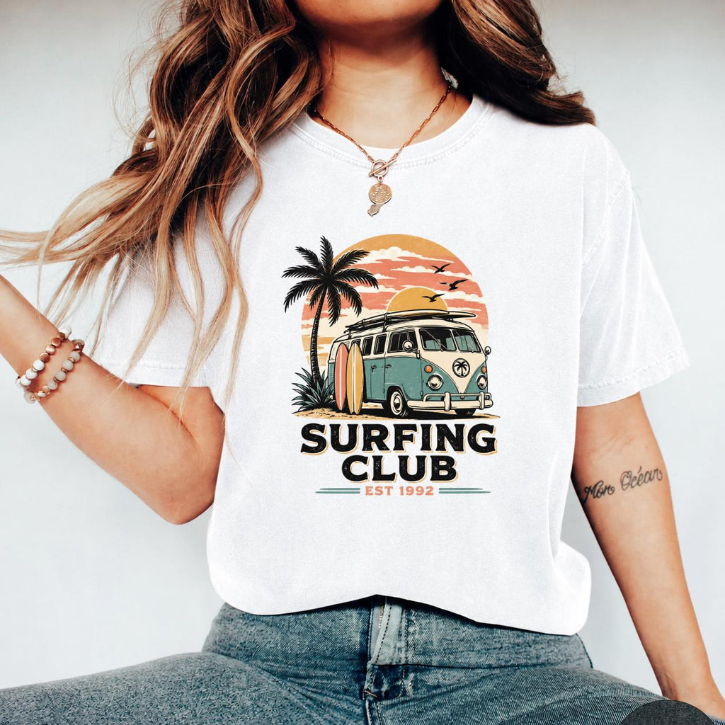 Surfing Club T-Shirt, Beach Vacation Retro Surf Tee, Coastal Vibes Shirt