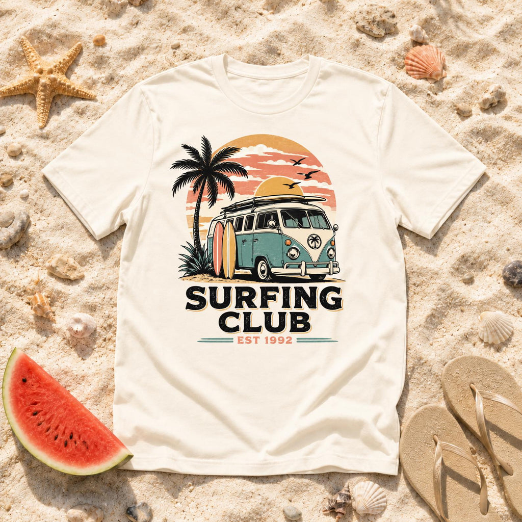 Surfing Club T-Shirt, Beach Vacation Retro Surf Tee, Coastal Vibes Shirt