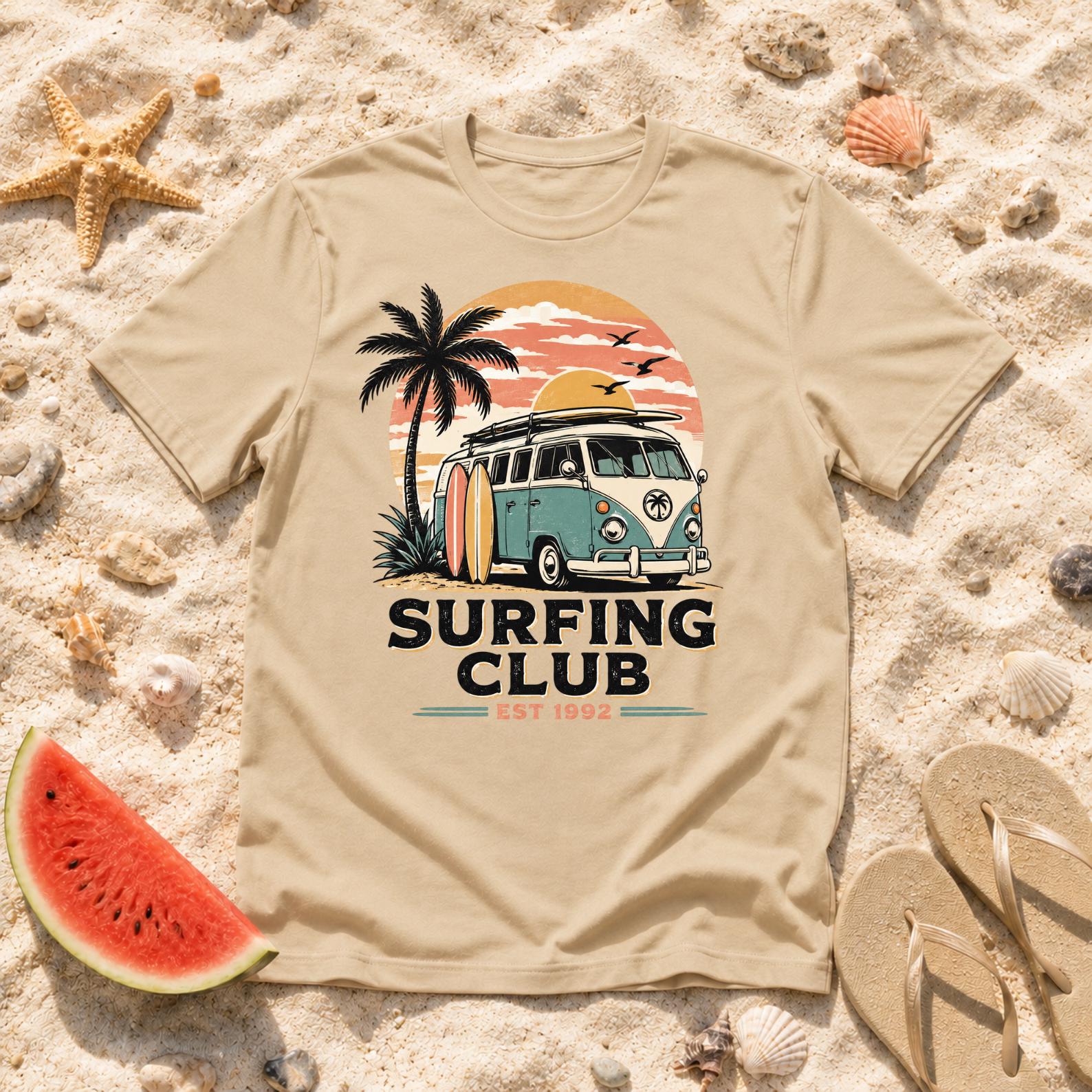 Surfing Club T-Shirt, Beach Vacation Retro Surf Tee, Coastal Vibes Shirt