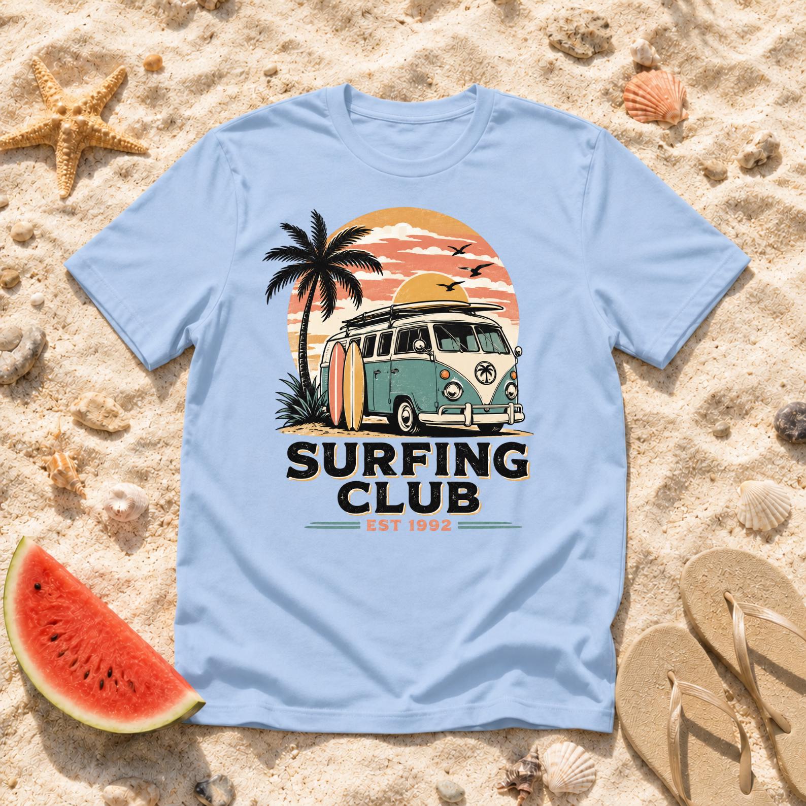 Surfing Club T-Shirt, Beach Vacation Retro Surf Tee, Coastal Vibes Shirt